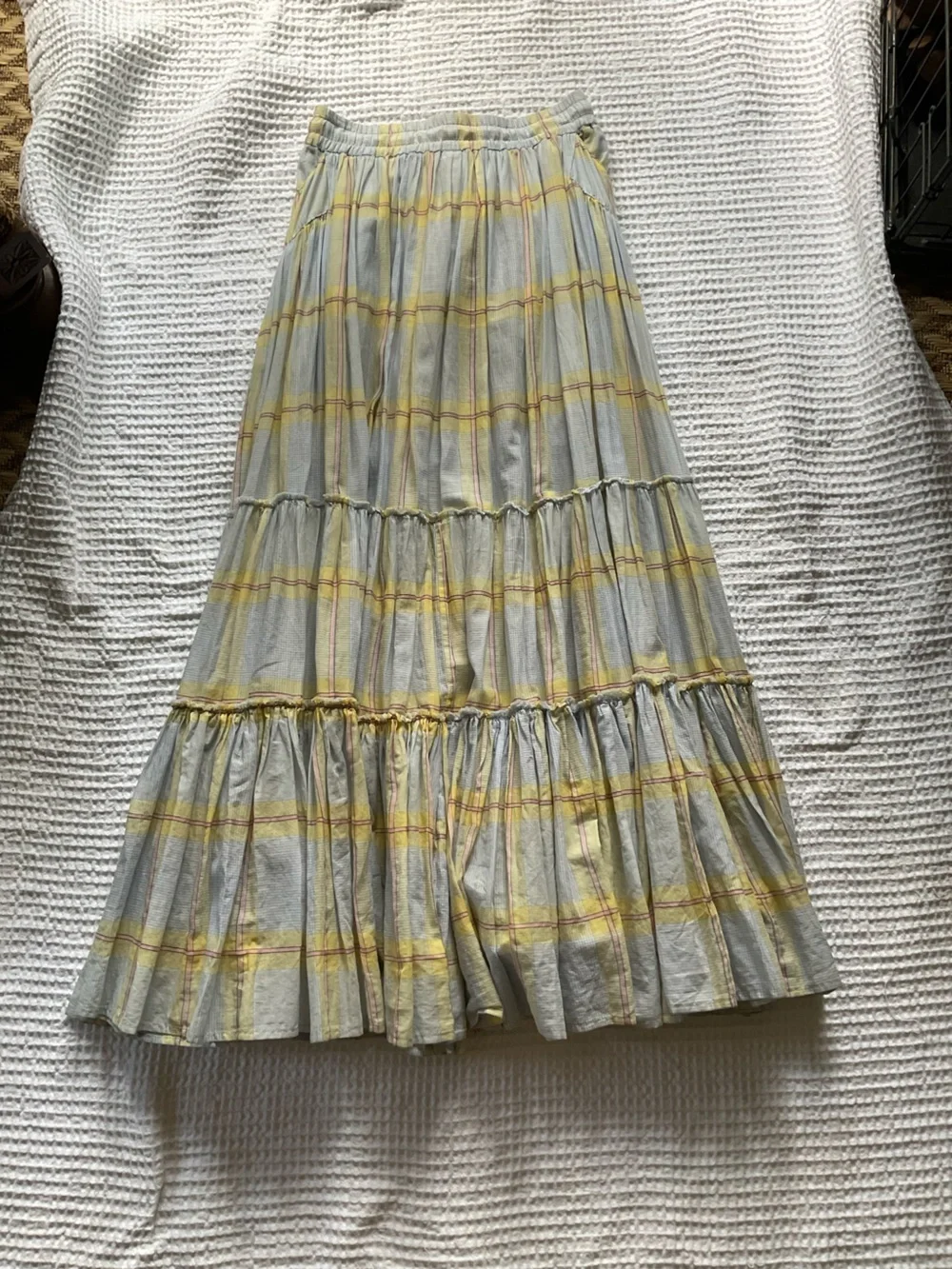 Free people Yellow Plaid Tiered Maxi Skirt XS S